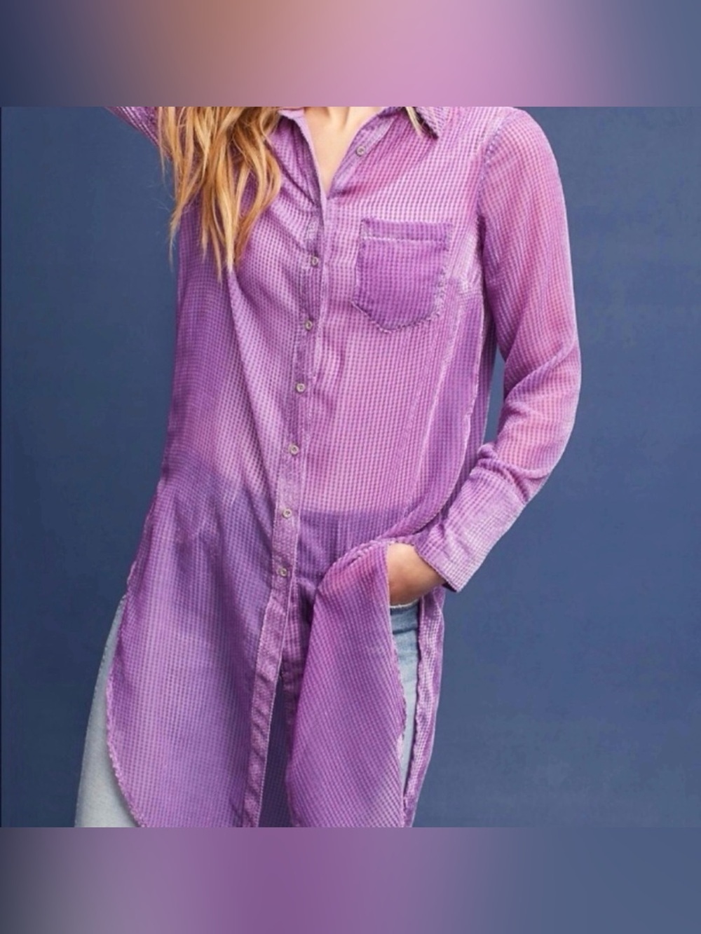 Akemi + Kin Anthropologie Striped Velvet Button Up Tunic Duster Top in Lilac